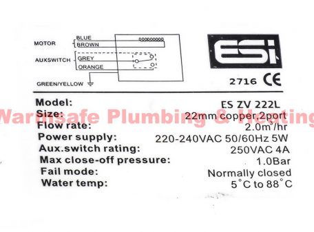 ESI ESZV222L 2 port zone valve 22mm