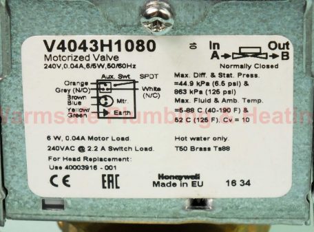 Honeywell V4043H1080 single zone valve 240v